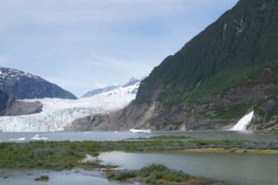 Mendenhall Glacier with the water falls on the right