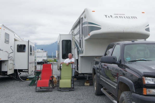Our campsite at Bayside RV Park in Valdez. The bay is behind the camper.