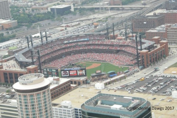 St. Louis Cardinal baseball stadium during a home game as seen from the top of the Gateway Arch